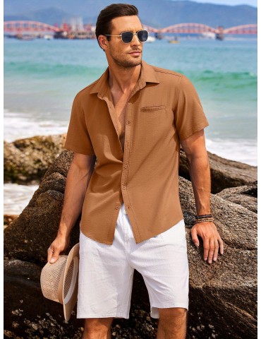 1pc Men'S Casual Linen Blend Short Sleeve Shirt - Summer Beach Button Down with Regular Fit, Solid Color, Basic Style, Suitable for All Seasons, Plus Size