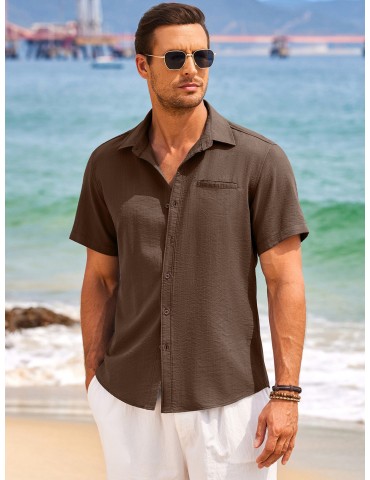 1pc Men'S Casual Linen Blend Short Sleeve Shirt - Summer Beach Button Down with Regular Fit, Solid Color, Basic Style, Suitable for All Seasons, Plus Size