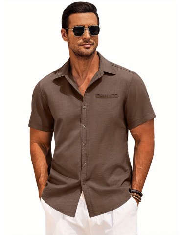 1pc Men'S Casual Linen Blend Short Sleeve Shirt - Summer Beach Button Down with Regular Fit, Solid Color, Basic Style, Suitable for All Seasons, Plus Size