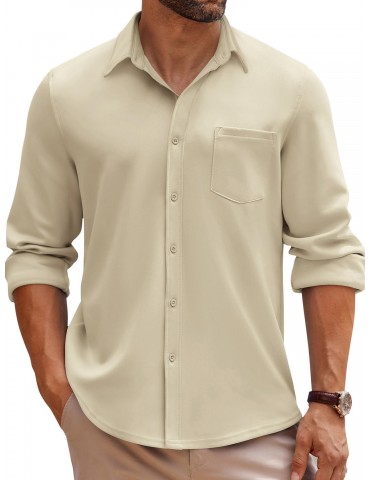 Men's Wrinkle-Free Long Sleeve Shirt - Casual Button-Down with Pocket, Stretch Fabric, Machine Washable, PLUS SIZE