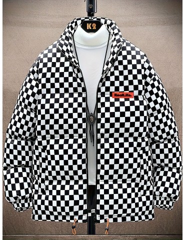 Men's Stylish Checkered Puffer Coat With Pockets, Casual Breathable Stand Collar Zip Up Long Sleeve Warm Top For City Walk Street Hanging Winter Outdoor Activities