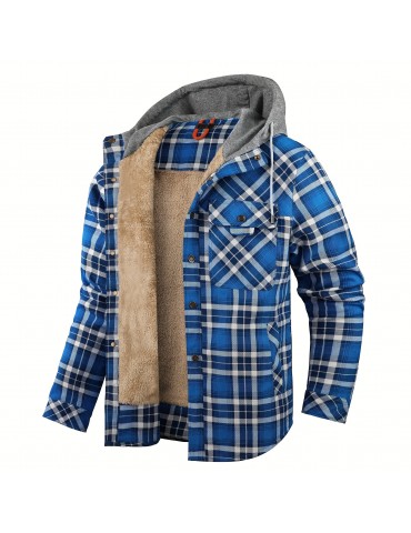 Warm and Stylish Men's Plaid Fleece Hooded Coat for Fall and Winter