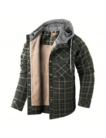 Warm and Stylish Men's Plaid Fleece Hooded Coat for Fall and Winter