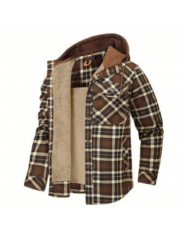 Warm and Stylish Men's Plaid Fleece Hooded Coat for Fall and Winter