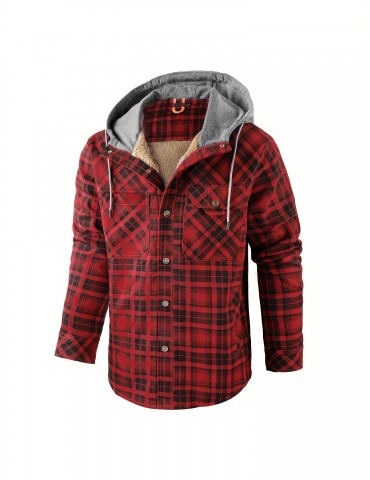 Warm and Stylish Men's Plaid Fleece Hooded Coat for Fall and Winter