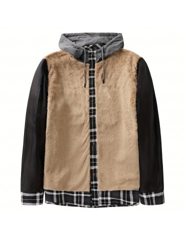 Warm and Stylish Men's Plaid Fleece Hooded Coat for Fall and Winter