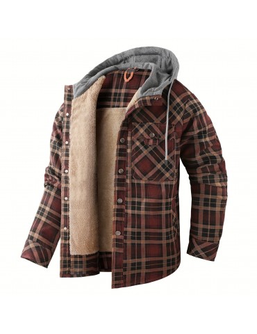 Warm and Stylish Men's Plaid Fleece Hooded Coat for Fall and Winter