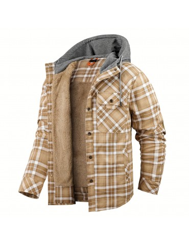 Warm and Stylish Men's Plaid Fleece Hooded Coat for Fall and Winter