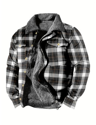 Men's Casual Lapel Plaid Retro Fleece Zip Up Jacket for Warmth in Fall and Winter