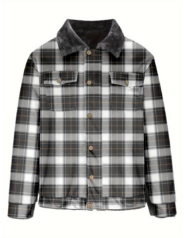 Men's Casual Lapel Plaid Retro Fleece Zip Up Jacket for Warmth in Fall and Winter