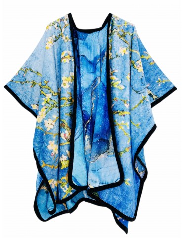 Blue-Multi Van Gogh Cherry Blossom & Marble Cozy Reversible Fleece Double-Sided Wearable Throw, Both-Sided with Two Prints Open Front Poncho, Reversible Luxury Super Soft Cozy Plush Fur Cape/Shawl/Blanket/Throw