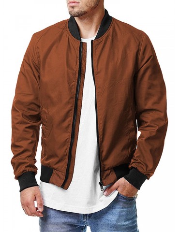 1pc Men'S Casual Bomber Jacket - Polyester Flight Style Outerwear with Zipper Closure, Solid Color, Open Collar, Loose Fit, Woven Patchwork Design for Fall/Winter