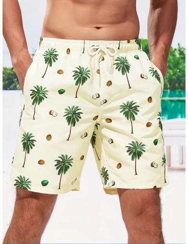 Men's Casual Coconut Palm Print Active Shorts, Drawstring Beach Shorts For Summer Beach Resort