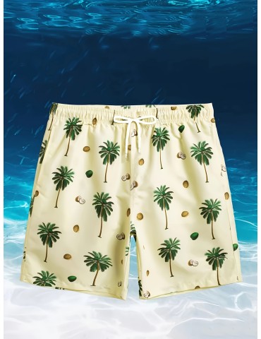 Men's Casual Coconut Palm Print Active Shorts, Drawstring Beach Shorts For Summer Beach Resort