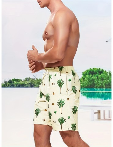 Men's Casual Coconut Palm Print Active Shorts, Drawstring Beach Shorts For Summer Beach Resort