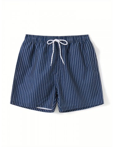 Men'S Casual Polyester Swim Shorts, Stripe Pattern, Quick Dry Woven Fabric with Slight Stretch, Regular Fit, with Pockets, for Beach & Swimming