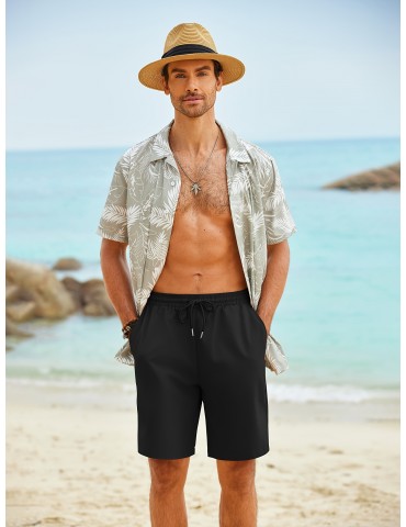 Men's Hawaiian Beach Shorts Elastic Waist Drawstring Lightweight Summer Casual Shorts with Pocket