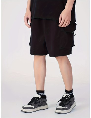 Men's Loose Solid Shorts With Multi Pockets, Casual Elastic Waist Drawstring Shorts For Summer