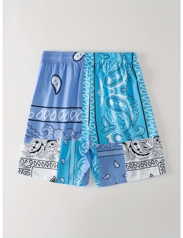 Color Block Digital Print, Men's Drawstring Shorts, Swim Wear, Casual Swim Trunks, Mens Clothing