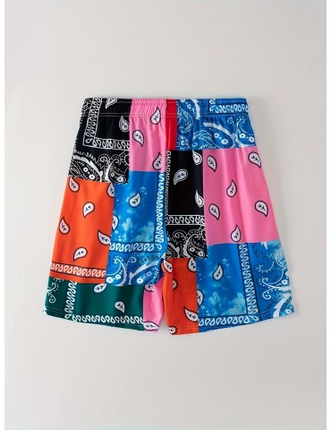 Color Block Digital Print, Men's Drawstring Shorts, Swim Wear, Casual Swim Trunks, Mens Clothing