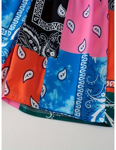 Color Block Digital Print, Men's Drawstring Shorts, Swim Wear, Casual Swim Trunks, Mens Clothing