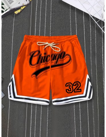 Chicago Print Casual Polyester Shorts with Stripe Detail - 100% Polyester Knit Fabric with Slight Stretch, Regular Fit Sports Shorts