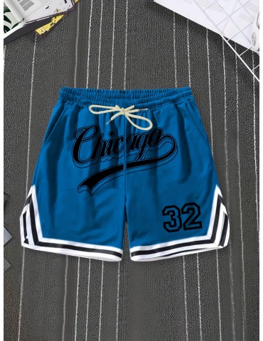 Chicago Print Casual Polyester Shorts with Stripe Detail - 100% Polyester Knit Fabric with Slight Stretch, Regular Fit Sports Shorts