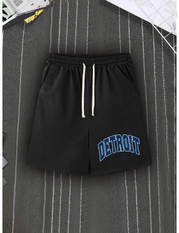 DETROIT Men's Casual Shorts - Comfy Polyester, Letter Print Design with Pockets, Machine Washable