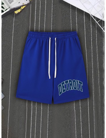 DETROIT Men's Casual Shorts - Comfy Polyester, Letter Print Design with Pockets, Machine Washable