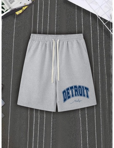 DETROIT Men's Casual Shorts - Comfy Polyester, Letter Print Design with Pockets, Machine Washable