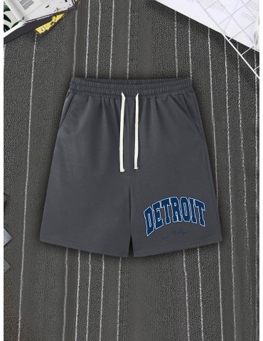 DETROIT Men's Casual Shorts - Comfy Polyester, Letter Print Design with Pockets, Machine Washable