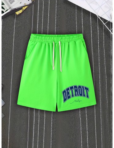 DETROIT Men's Casual Shorts - Comfy Polyester, Letter Print Design with Pockets, Machine Washable