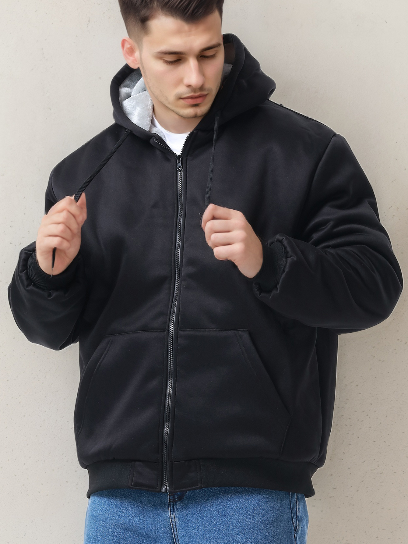 winter mens fleece hoodies full zip up coat hooed sweatshirt warm   coats kangaroo pockets details 5