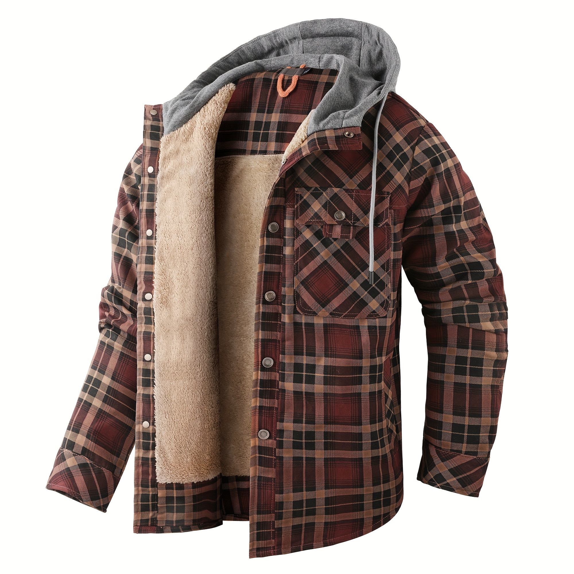 mens warm fleece hooded plaid retro coat for   details 3