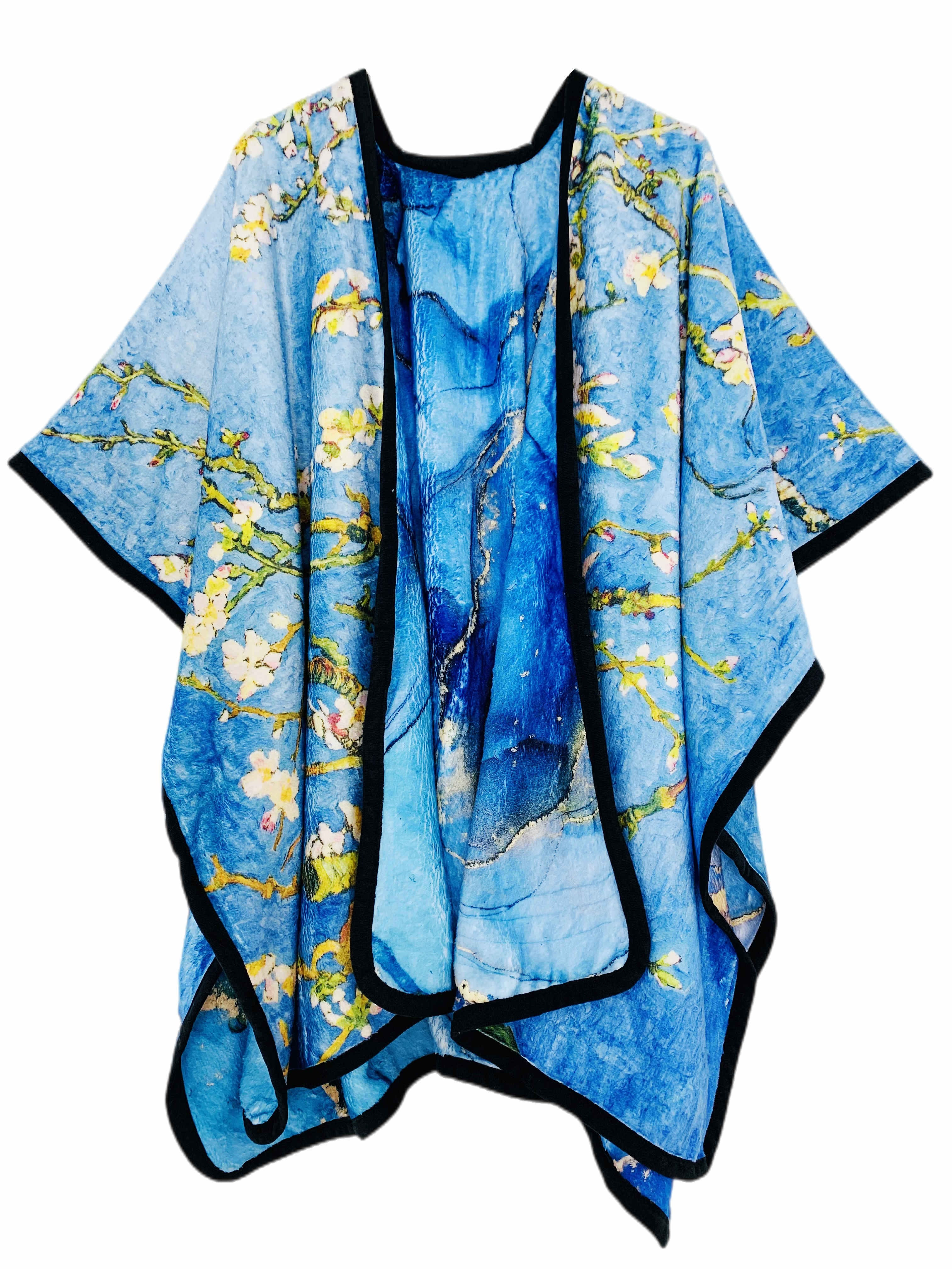 blue multi van gogh cherry   marble cozy reversible fleece double sided wearable throw   sided with two prints open front poncho reversible luxury super soft   fur cape shawl blanket throw details 0