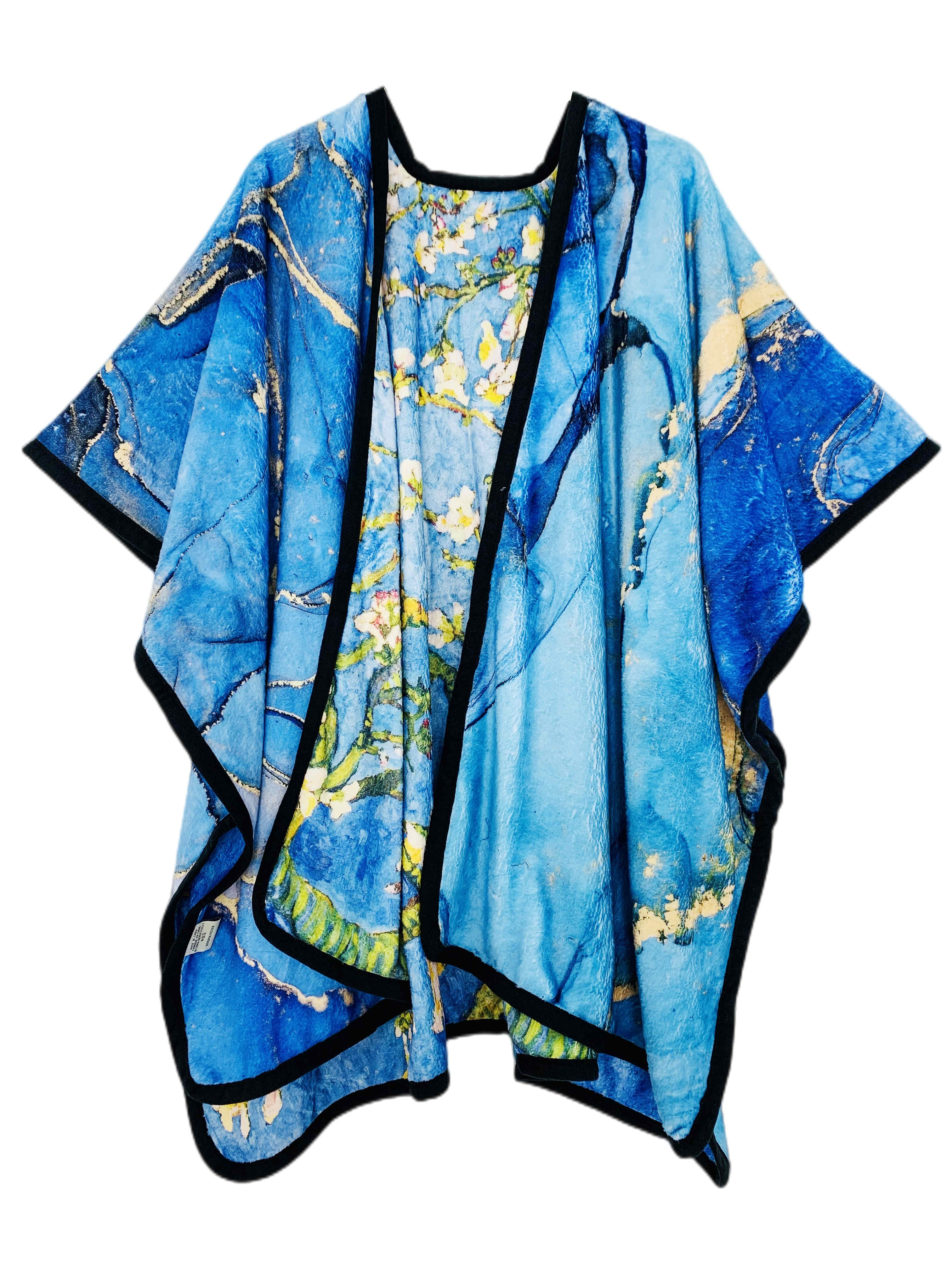 blue multi van gogh cherry   marble cozy reversible fleece double sided wearable throw   sided with two prints open front poncho reversible luxury super soft   fur cape shawl blanket throw details 2