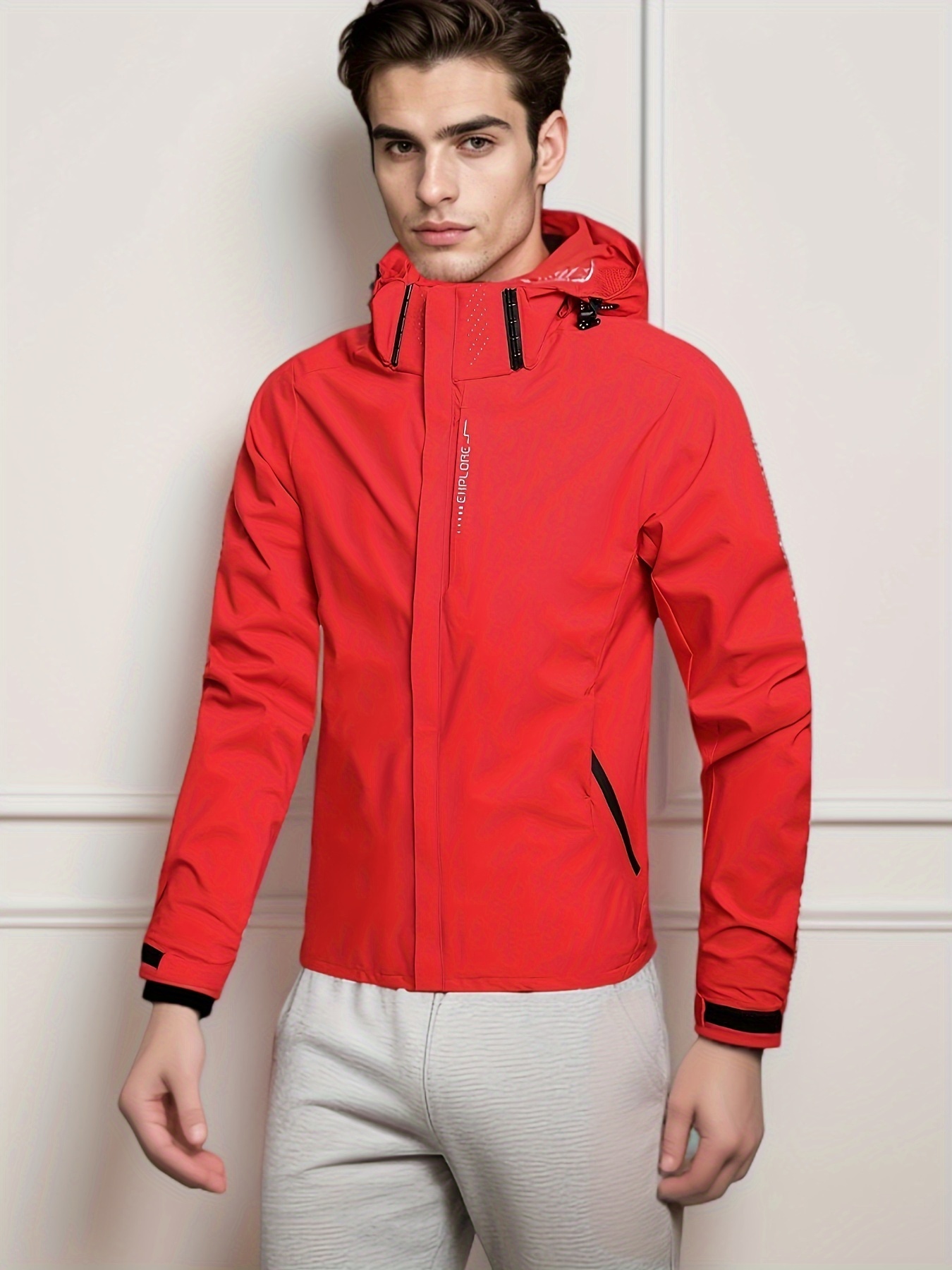 chic solid windbreaker hooded jacket mens casual zip up jacket coat for   outdoor activities details 7